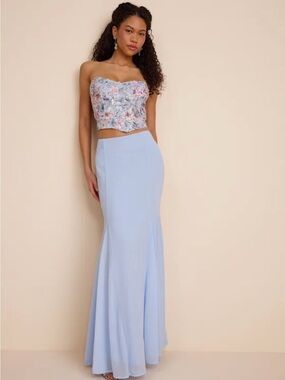 Lulu's Light Blue Two-Piece Floral Bustier Prom Dress